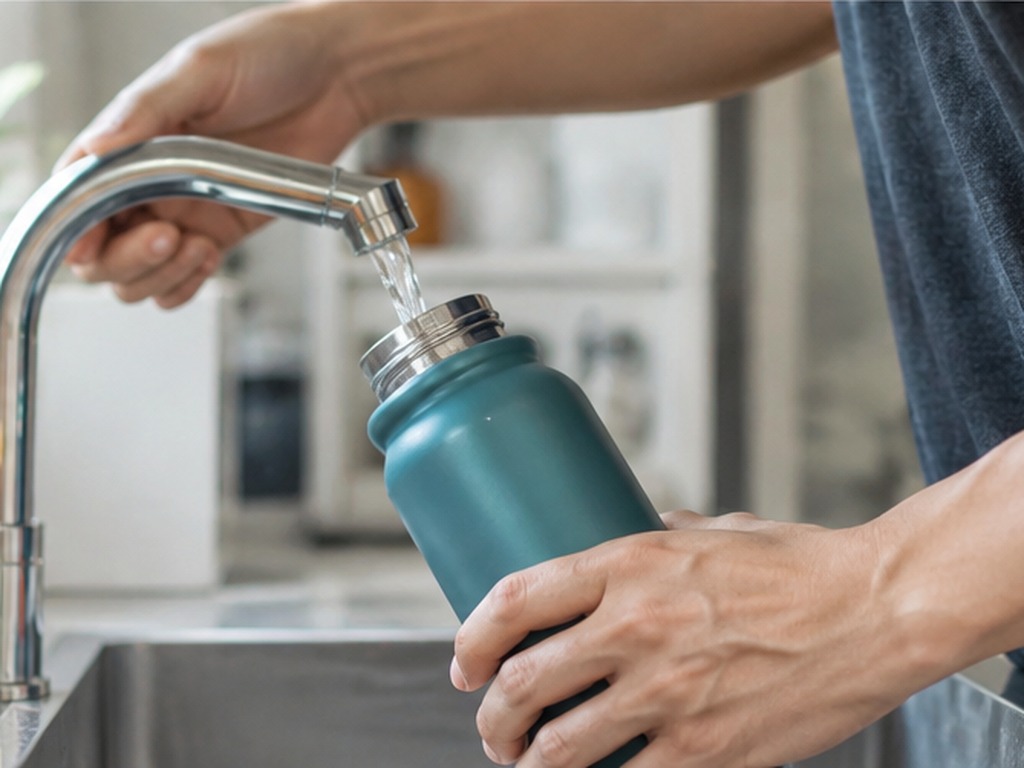 Person filling a reusable water bottle in the kitchen, tracking daily water intake for weight loss