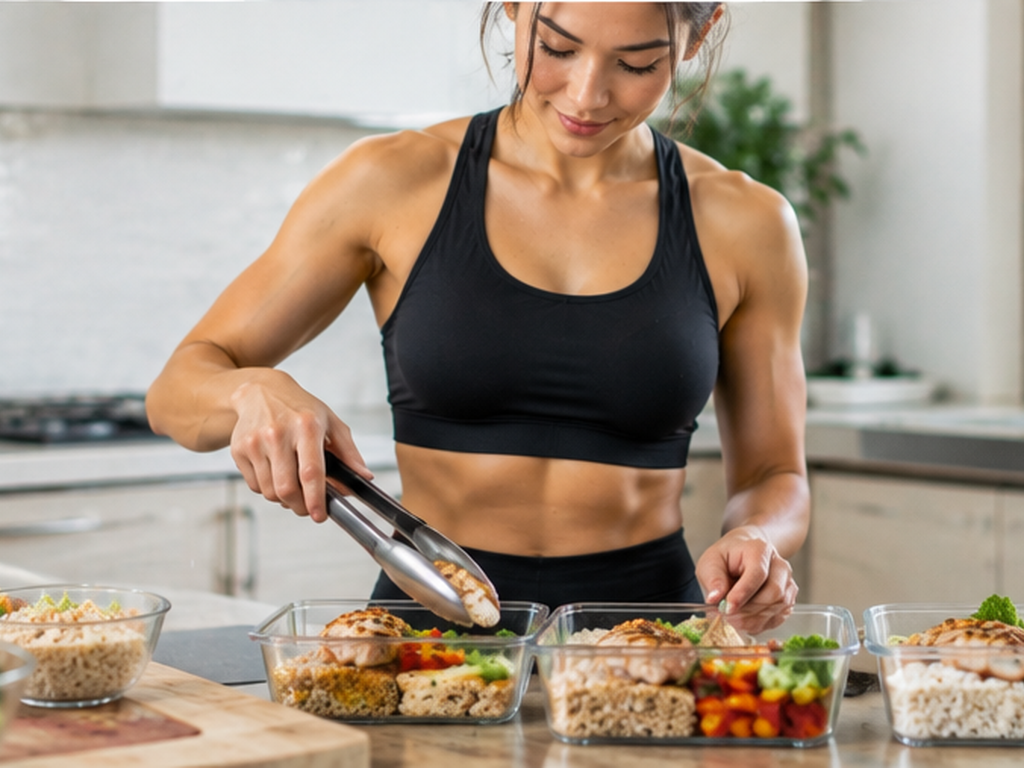 Woman portioning grilled chicken and rice into meal prep containers