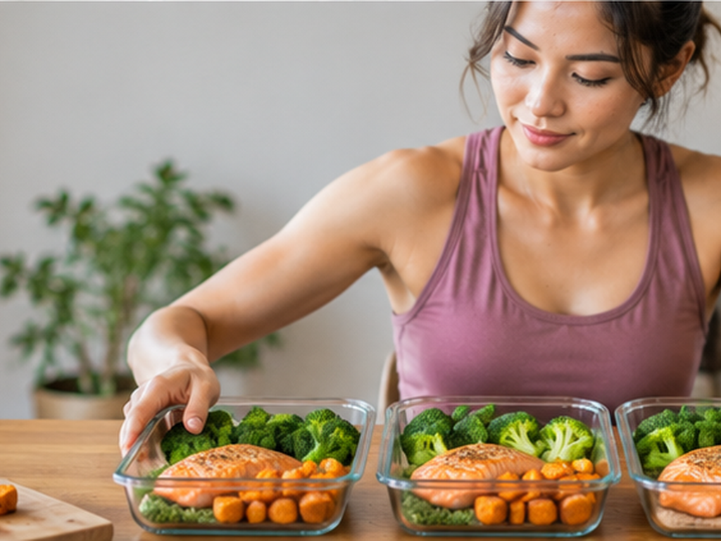 A balanced meal prep container showing cooked salmon, roasted broccoli, and sweet potatoes arranged neatly on a wooden counter.
