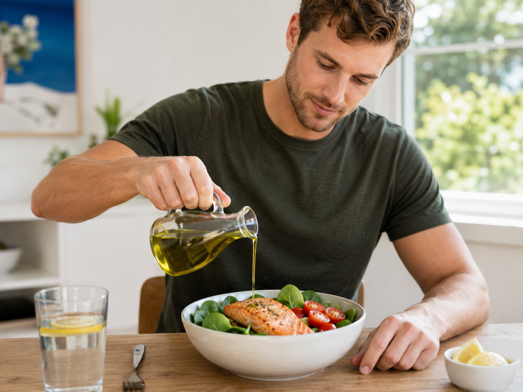 A person pouring extra virgin olive oil over a fresh salad bowl filled with leafy greens, salmon, and pomegranate seeds.
