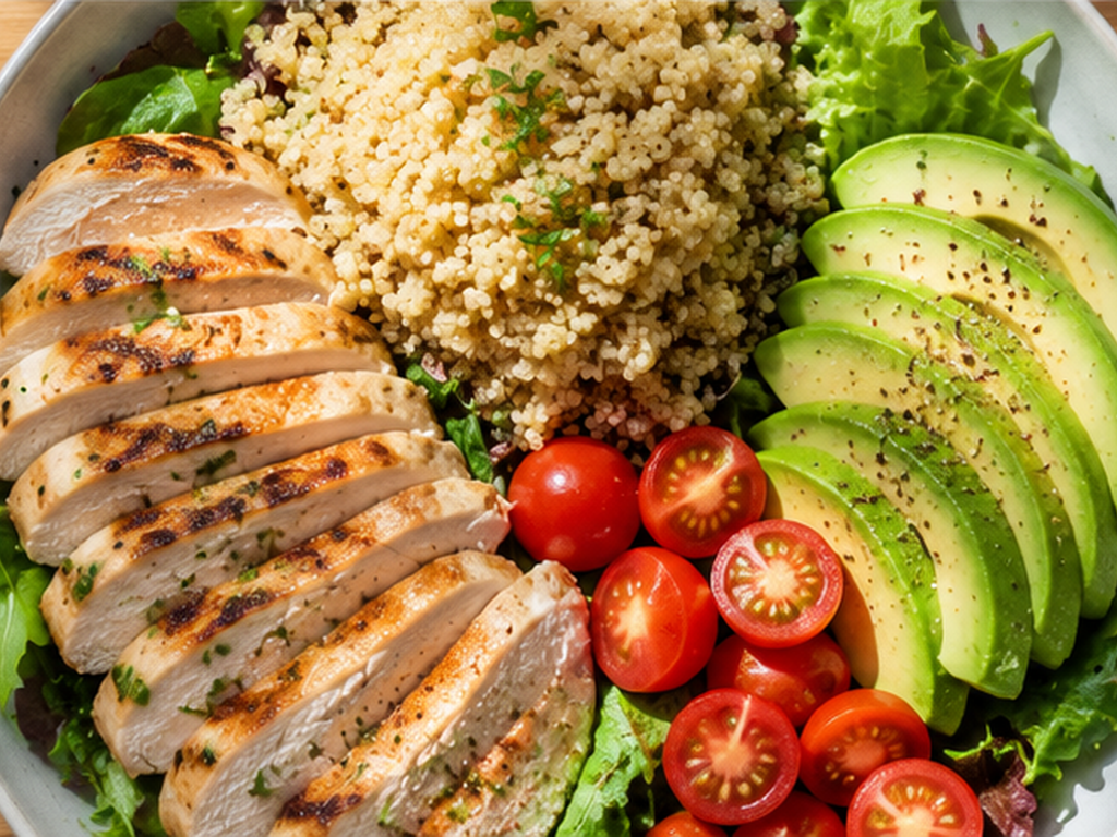 A post-run meal featuring a balanced plate of grilled chicken, quinoa, and fresh greens.