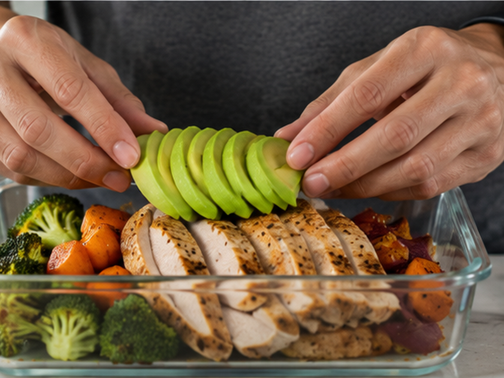 A person assembling healthy diet meals with fresh vegetables, brown rice, and grilled chicken breast.
