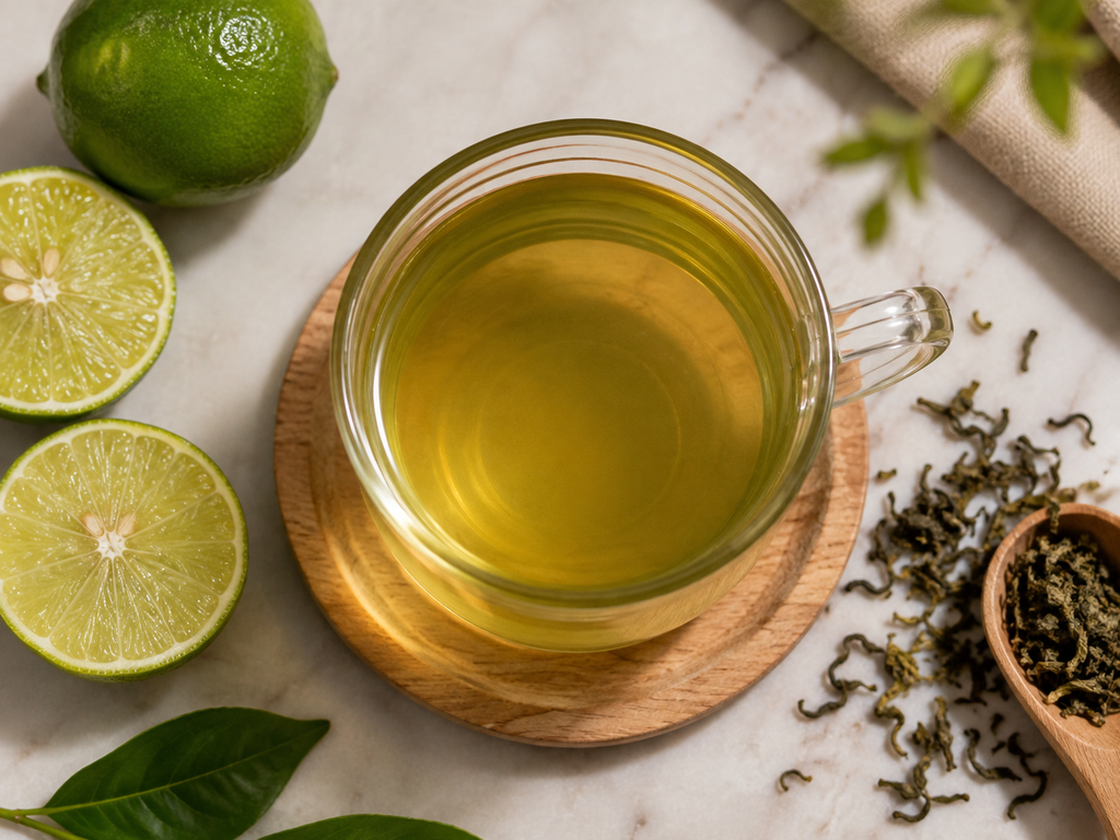 A steaming glass cup of green tea alongside sliced citrus fruits and fresh herbs.