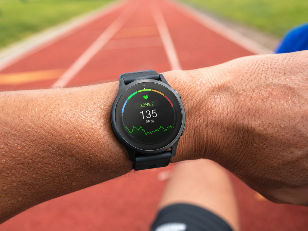 A fitness heart rate monitor watch showing target heart rate zones during an outdoor training session.