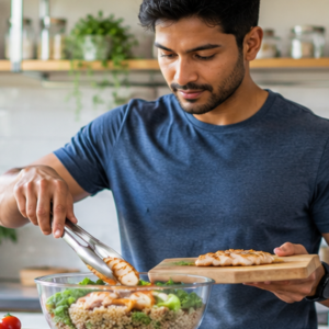 A person preparing a healthy high-protein meal with grilled chicken breast, quinoa, and fresh vegetables in a bright kitchen.