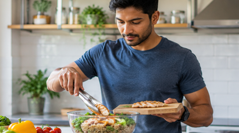 A person preparing a healthy high-protein meal with grilled chicken breast, quinoa, and fresh vegetables in a bright kitchen.