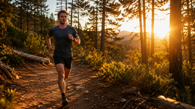 - Featured Image Alt Text: A runner maintaining a controlled, easy pace on a scenic outdoor trail during early morning light. - In-Body Image Alt Text: A fitness heart rate monitor watch showing target heart rate zones during an outdoor training session.