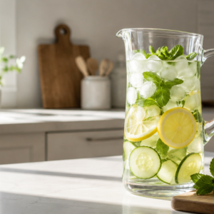 A fresh glass pitcher filled with iced infused lemon cucumber mint water on a bright kitchen counter.
