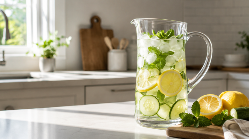 A fresh glass pitcher filled with iced infused lemon cucumber mint water on a bright kitchen counter.