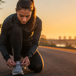A female runner tying her running shoes on an outdoor track in early morning light.