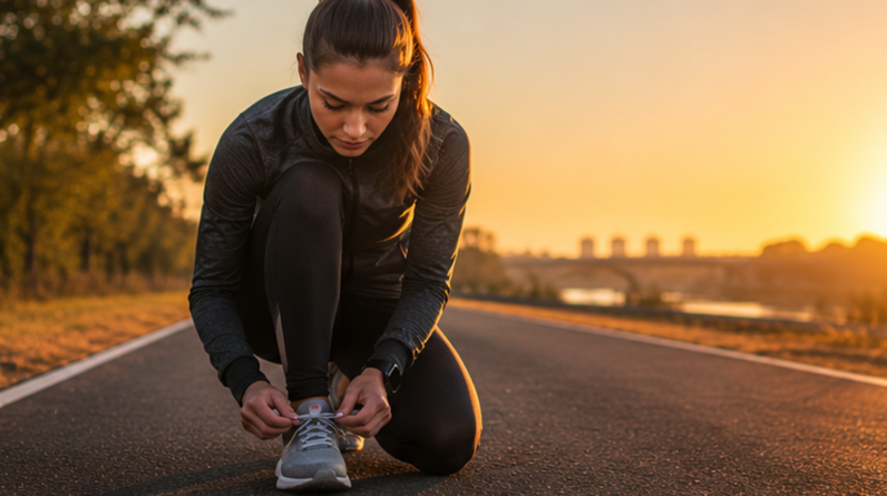 A female runner tying her running shoes on an outdoor track in early morning light.