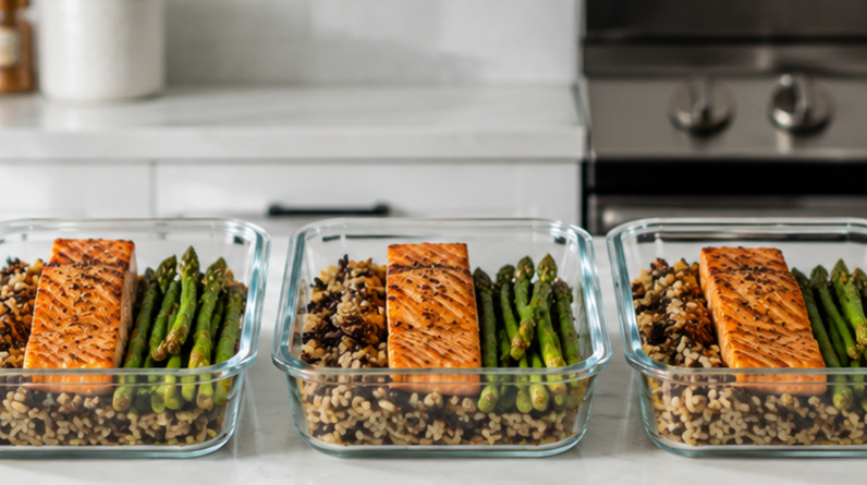 A row of glass meal prep containers filled with balanced healthy meals on a clean kitchen counter.