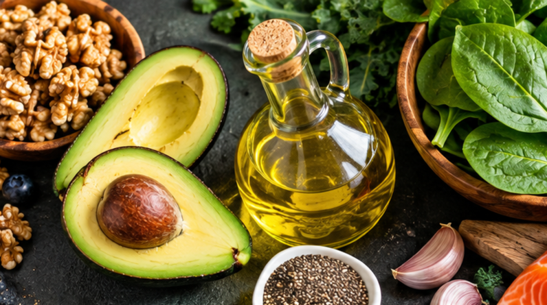 A fresh Mediterranean diet spread featuring olive oil, wild berries, walnuts, avocados, and colorful leafy vegetables.