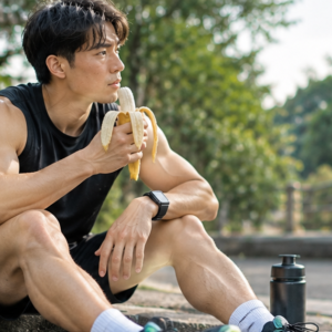 Runner eating a banana before a morning run, fueling up outdoors