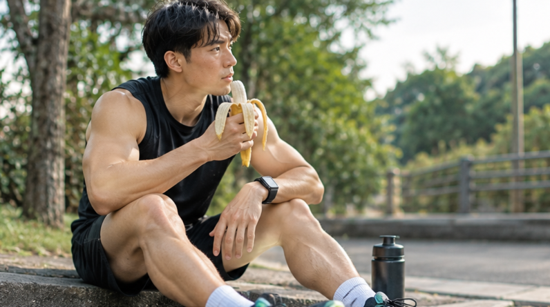 Runner eating a banana before a morning run, fueling up outdoors
