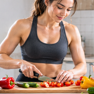 Woman preparing a balanced meal with vegetables, protein, and grains in her kitchen
