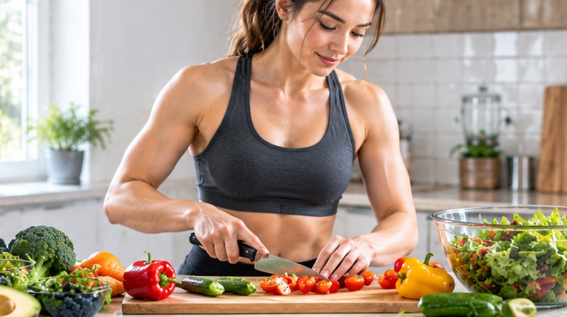Woman preparing a balanced meal with vegetables, protein, and grains in her kitchen