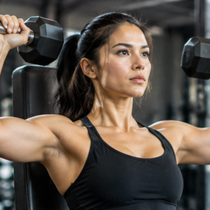 Woman performing a dumbbell shoulder press during a strength training workout