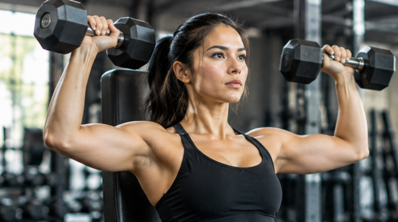 Woman performing a dumbbell shoulder press during a strength training workout