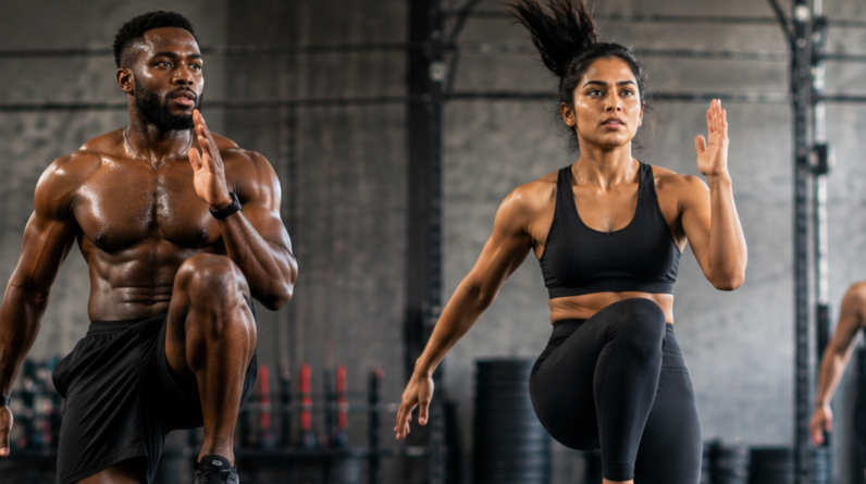 A Black man and a South Asian woman doing high-knee jumps during a HIIT workout in a gym