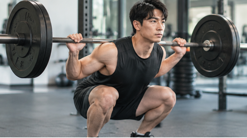 "Man performing a barbell squat in the gym as part of a strength training routine for weight loss"