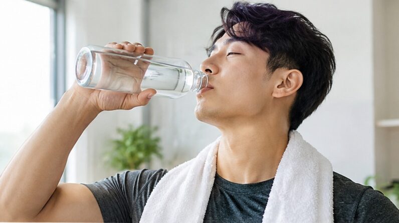 Woman drinking water from a glass bottle at home, staying hydrated as part of a weight loss and fitness routine