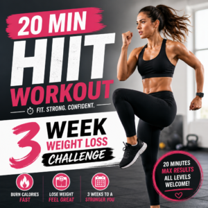 Woman doing high-knee exercises in a 20-minute HIIT workout for a 3-week weight loss challenge.