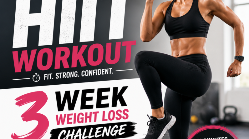 Woman doing high-knee exercises in a 20-minute HIIT workout for a 3-week weight loss challenge.