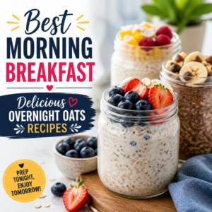 Healthy overnight oats jars topped with berries and bananas, featuring "Best Morning Breakfast" text.