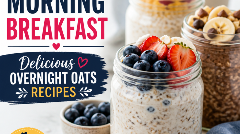 Healthy overnight oats jars topped with berries and bananas, featuring "Best Morning Breakfast" text.
