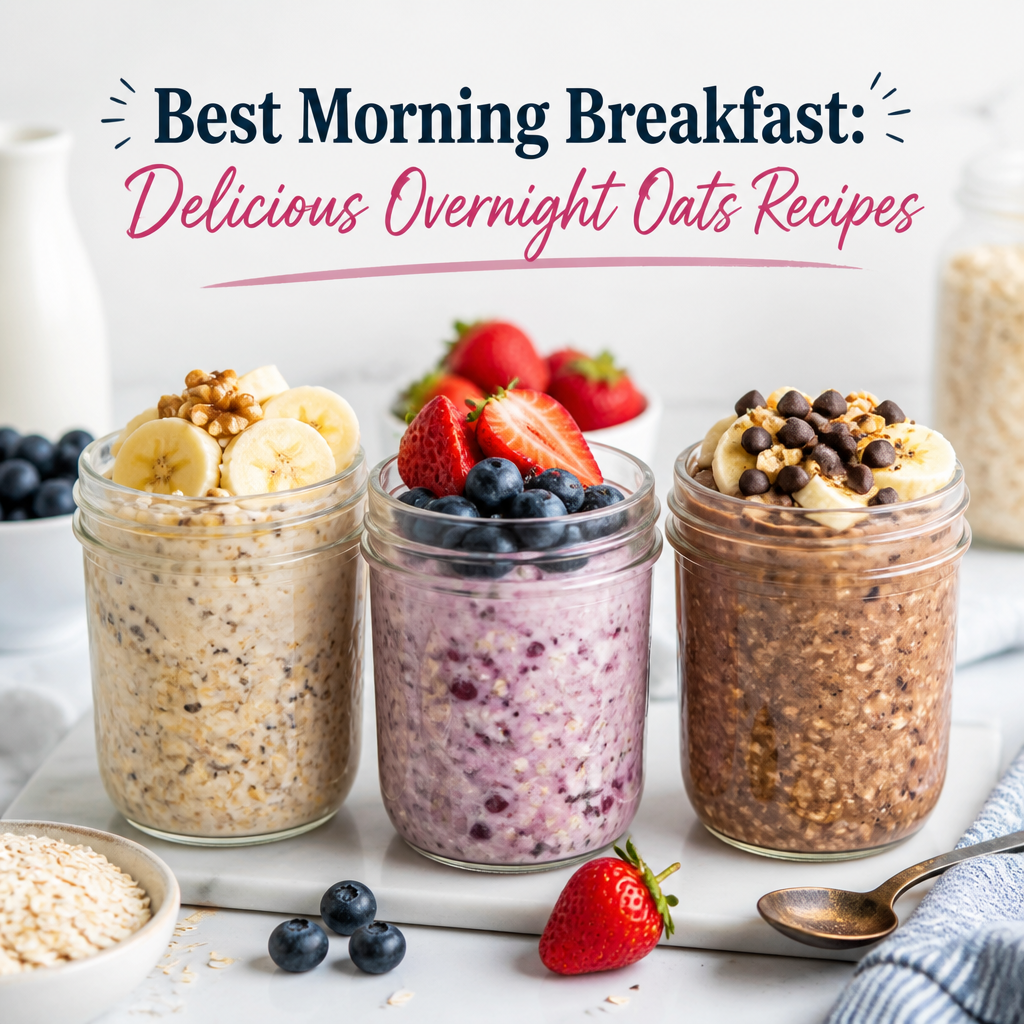 Three jars of colorful overnight oats topped with fresh fruit and nuts, showcasing a healthy breakfast option.