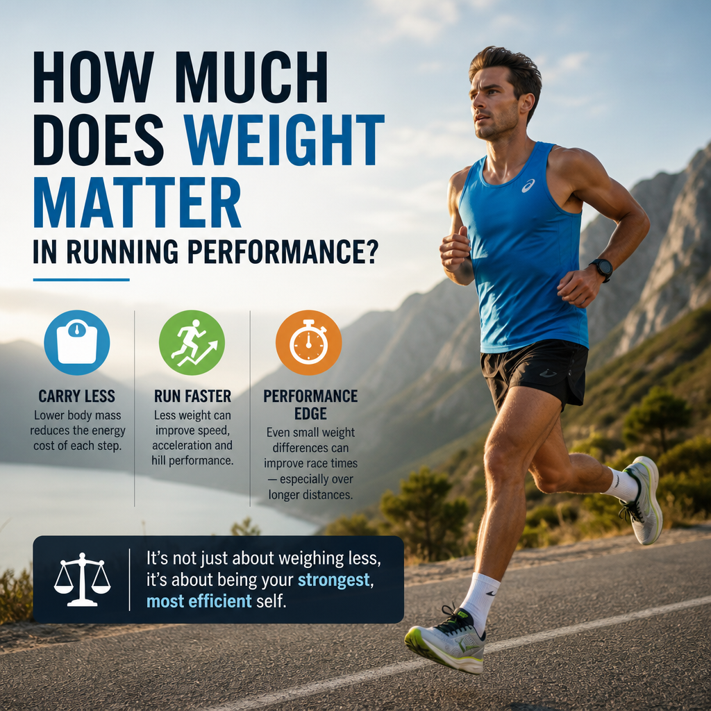 Infographic showing a runner, illustrating the impact of weight on performance with tips for improvement.