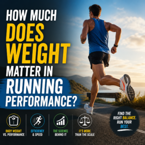 Infographic of a runner illustrating the impact of body weight on running performance, efficiency, and biomechanics.
